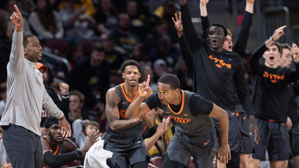 Oklahoma State’s Bryce Thompson celebrates a three pointer during the second half against Wichita State at Intrust Bank Arena.