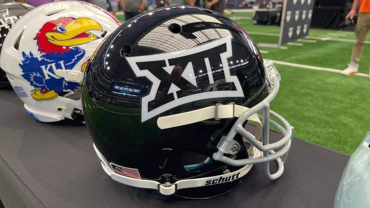 A Big 12 football helmet at AT&T Stadium in Arlington, Texas.