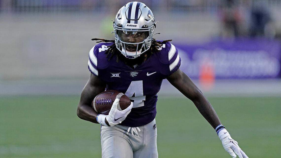 Kansas State wide receiver Malik Knowles runs the ball during the first half of an NCAA college football game against South Dakota on Saturday, Sept. 3, 2022, in Manhattan, Kan.