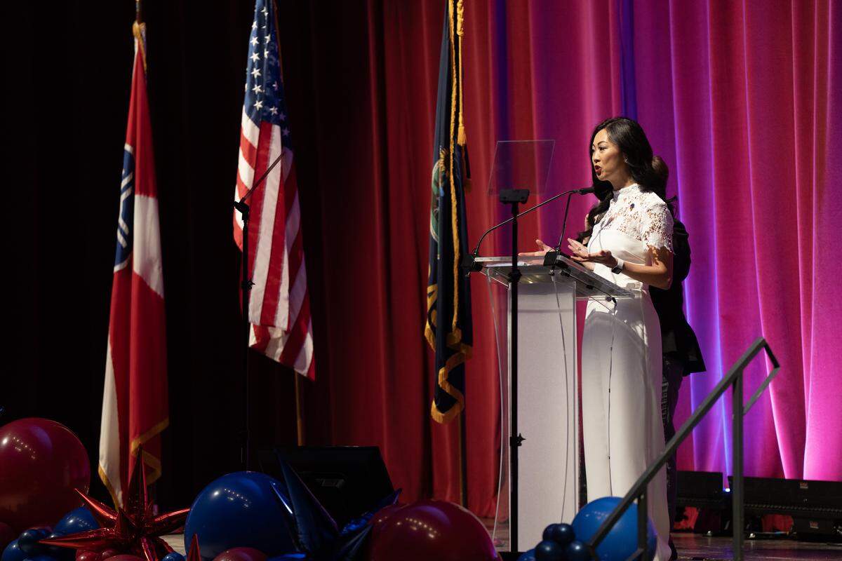 Wichita Mayor Lily Wu delivers the State of the City address at Century II. Between audio, visual and mood lighting, the speech cost $9,500 to produce.