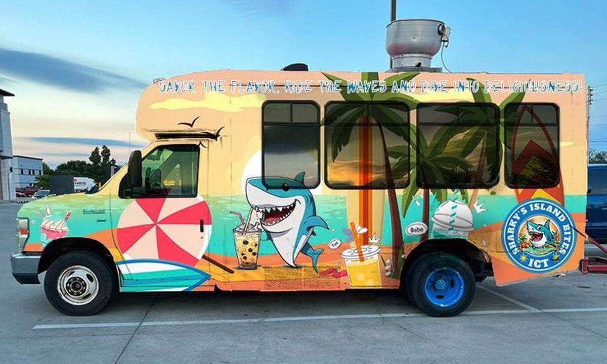 Crafted’s year-old food truck is about to get a wrap that will identify it with Sharky’s Island Bites. When finished, it should look like this photo.