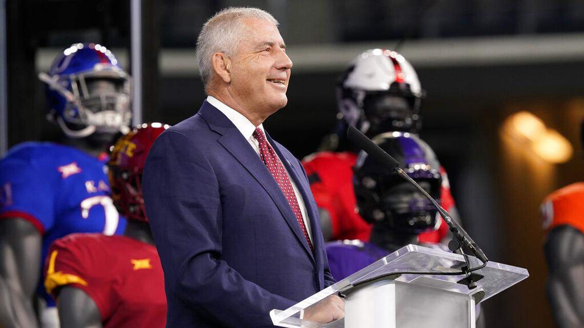 Big 12 commissioner Bob Bowlsby smiles as he listens to a question during NCAA college football Big 12 media days Wednesday, July 14, 2021, in Arlington, Texas. (AP Photo/LM Otero)