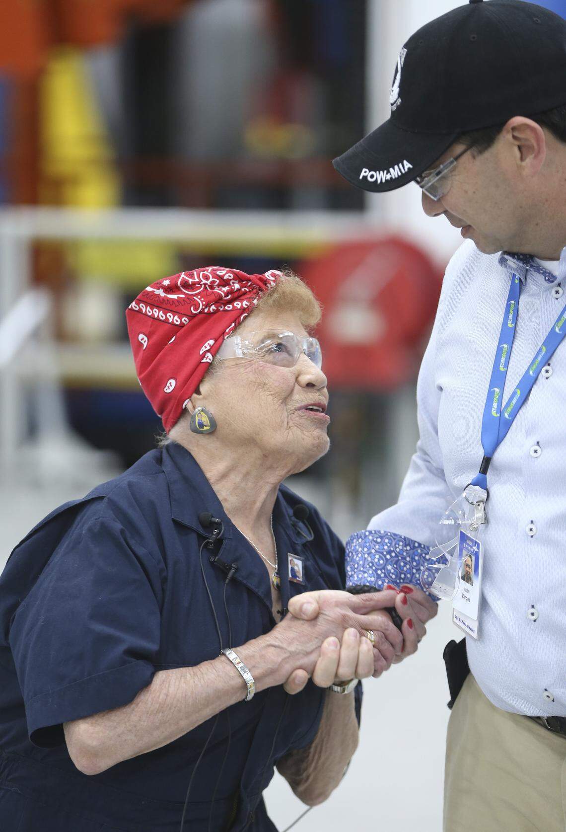 Connie Palacioz met with Spirit AeroSystems employees in 2017 when she returned to the same factory where she drilled rivets on B-29s during World War II.