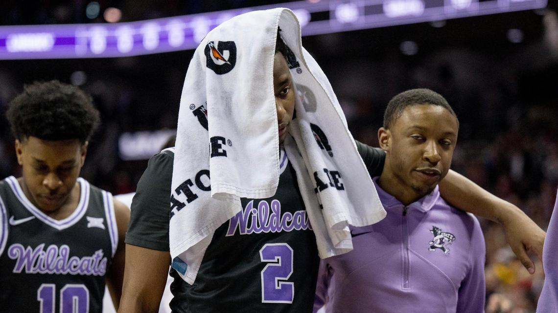 Kansas State Wildcats guard Tylor Perry (2) exits the court after losing to the Iowa State Cyclones 76-57 in an NCAA basketball game in the Big 12 men’s basketball tournament on Thursday, March 14, 2024, in Kansas City.