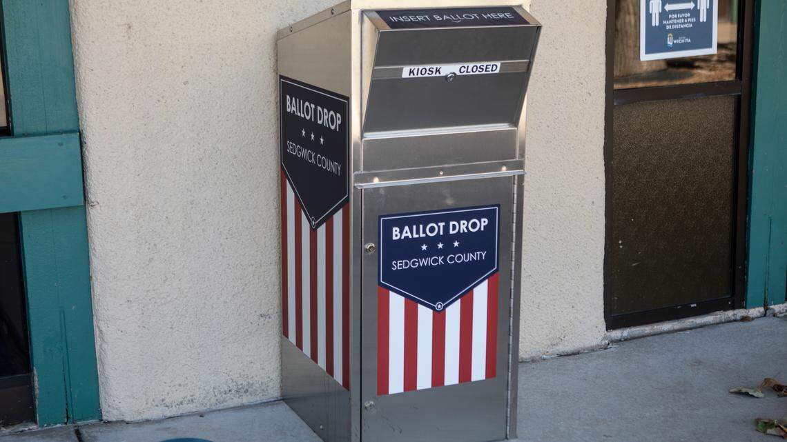 A ballot drop box for ballots at the Evergreen Community Center in Wichita.
