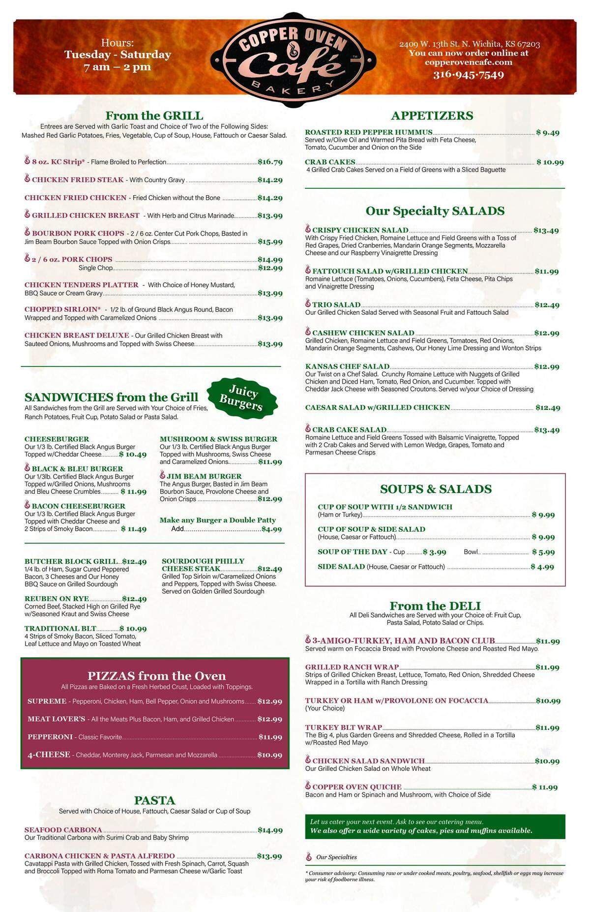 Copper Oven lunch menu