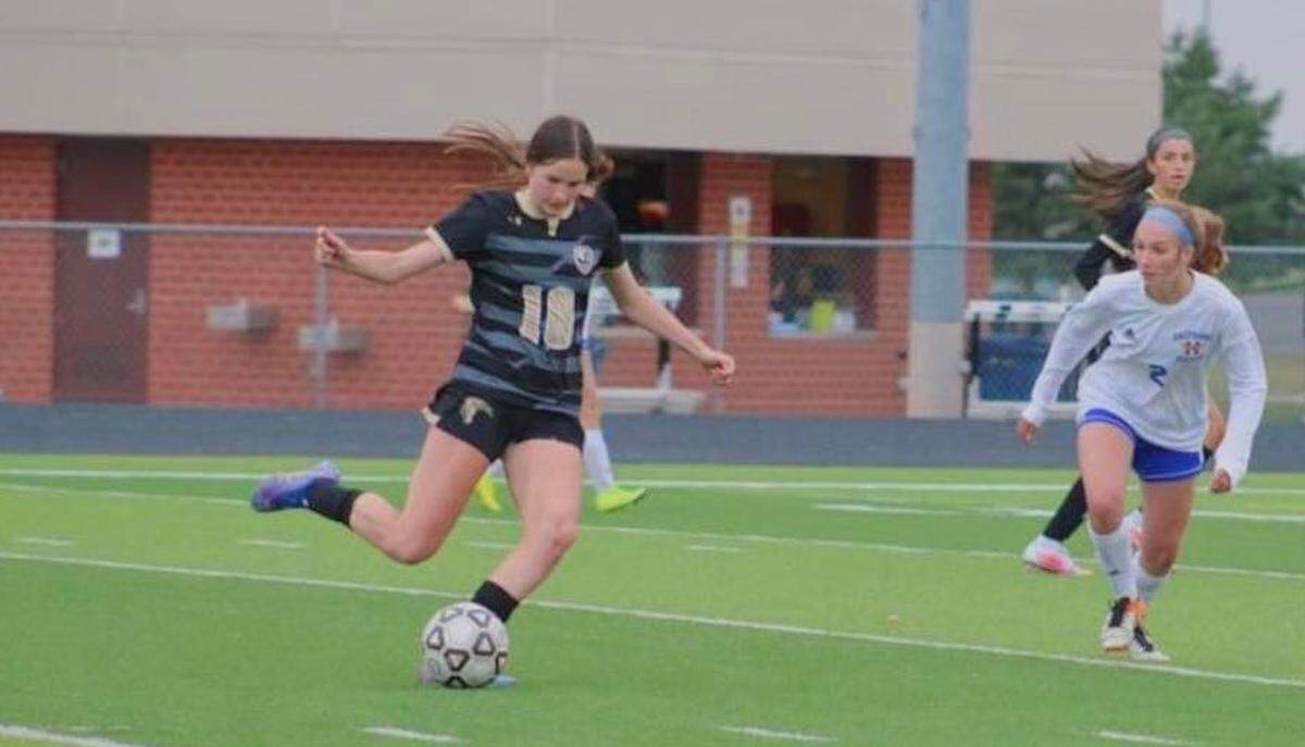 Maize South sophomore Kyndal Ewertz takes a shot on goal against Hutchinson earlier this season. Ewertz already has 24 goals through 13 games for the Mavericks.