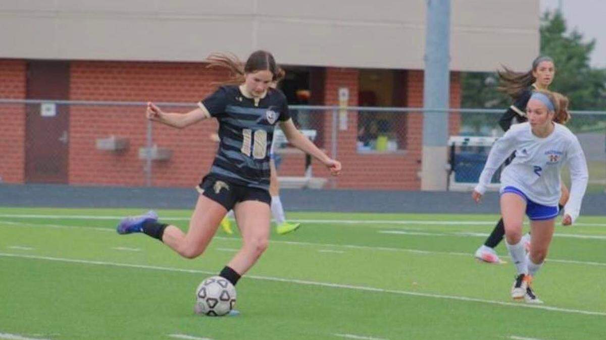 Maize South sophomore Kyndal Ewertz takes a shot on goal against Hutchinson earlier this season. Ewertz already has 24 goals through 13 games for the Mavericks.