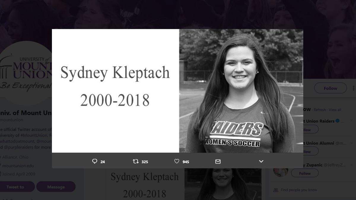 University of Mount Union freshman and soccer goalkeeper Sydney Kleptach, 18, was killed when a tree smashed the car she was a passenger in.