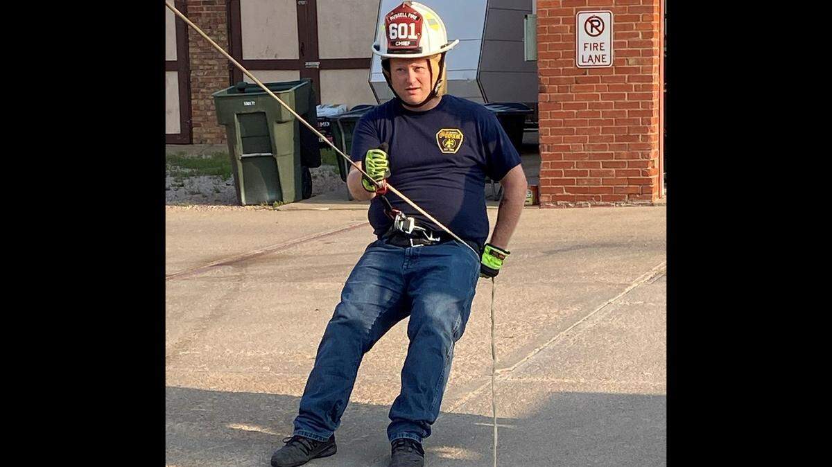Russell Fire Chief Dylan Riedel training last month. Riedel was airlifted to a Wichita hospital after being injured while responding to a fire and explosion Friday night.