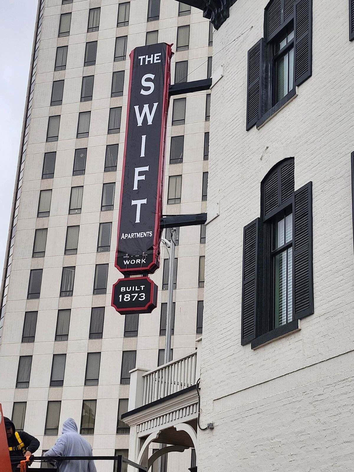 On Saturday, Tim Farha and his Point Guard Management covered the Baltimore sign at the downtown building with one that says The Swift.&nbsp;