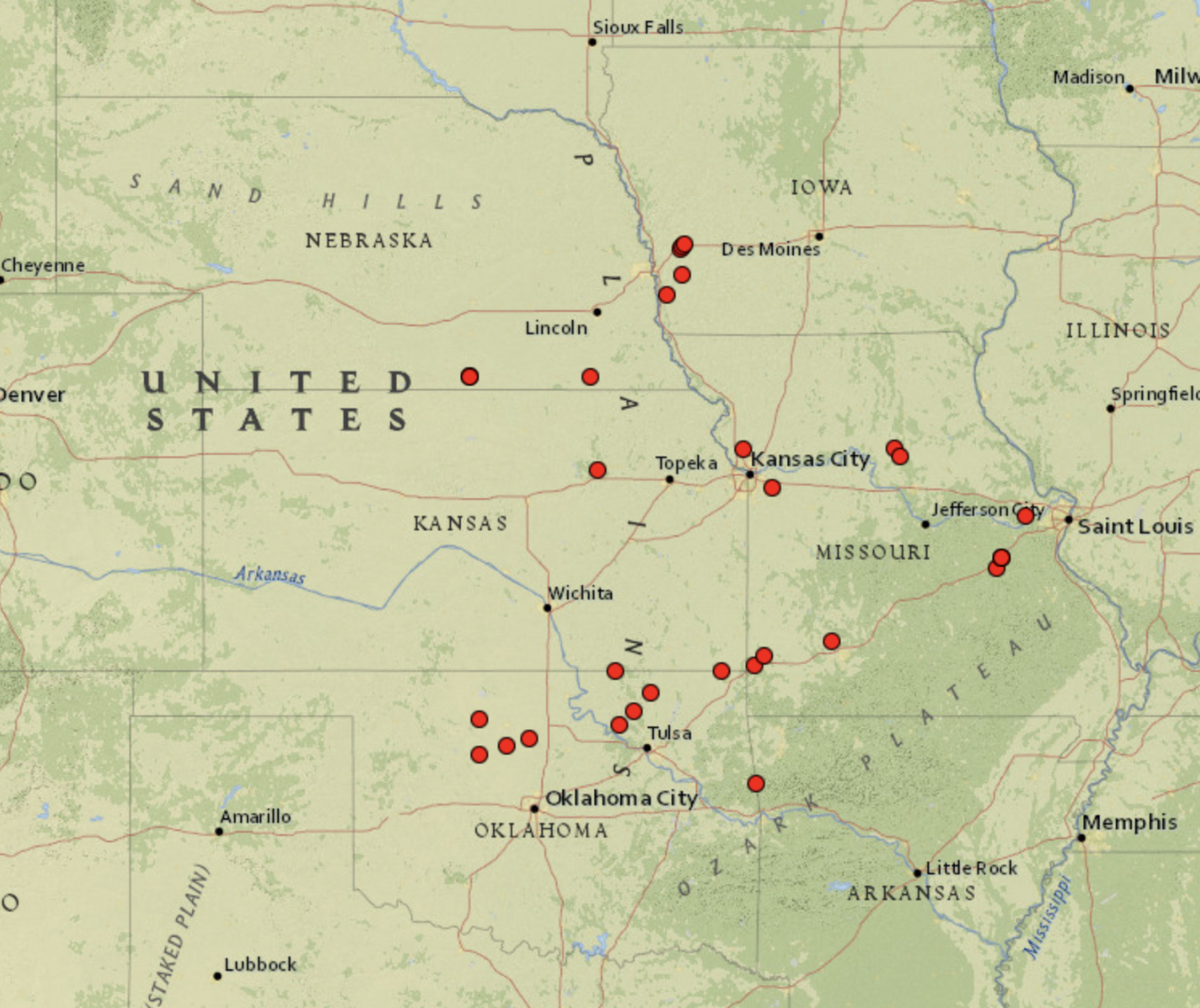 As indicated by the red dots, there were many tornadoes to the north and south of Wichita on May 6, but none materialized in the city.