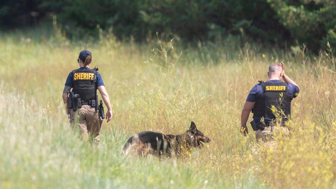 Sedgwick County sheriff deputies and a K-9 search a ditch along Yoder Road on Monday. A man was arrested in the area after reports of a kidnapping and shooting in the area.