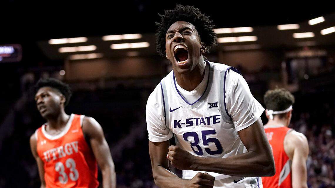 Kansas State forward Nae’Qwan Tomlin (35) celebrates after making a basket during the first half of an NCAA college basketball game against Texas-Rio Grande Valley Monday, Nov. 7, 2022, in Manhattan, Kan. (AP Photo/Charlie Riedel)