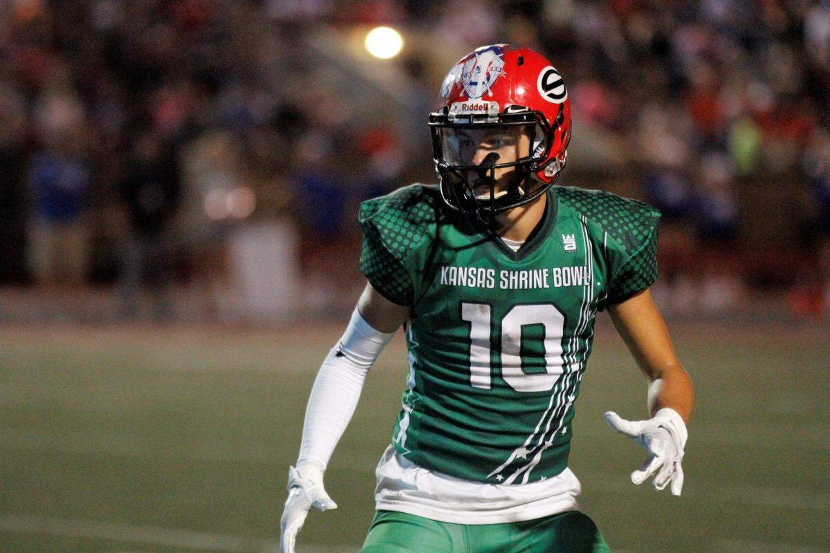 Sedgwick cornerback Neal Bever eyes his receiver during the 2018 Kansas Shrine Bowl at Carnie Smith Stadium in Pittsburg, Kansas. The East beat the West 21-14. (July 28, 2018)