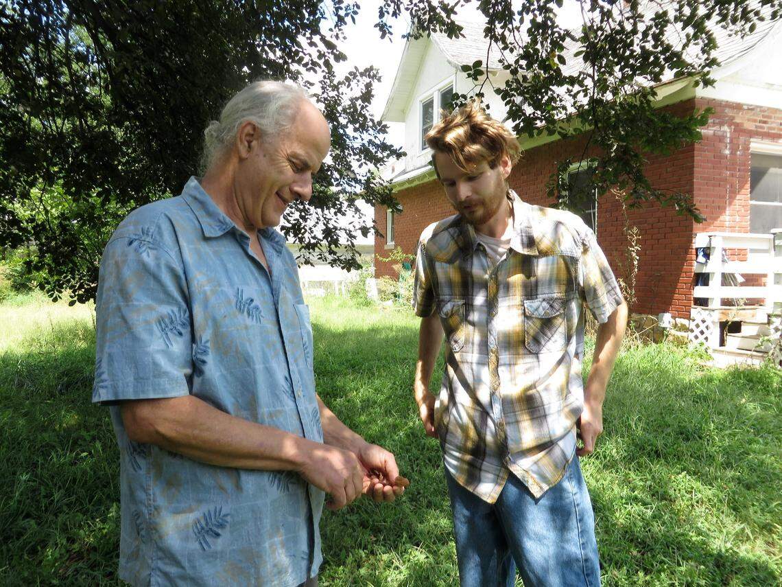 Daniel Wallach and Tanner Wycoff examine some native edible mushrooms grown at Birdhouse Farm.