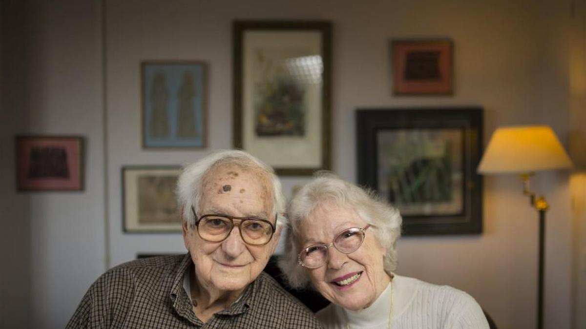 Walter “Hob” Crockett and his wife, Helen, pose for a photo in their Lawrence home on April 11, 2017. Hob, 96, and Helen, 93, recently celebrated their 74th wedding anniversary.