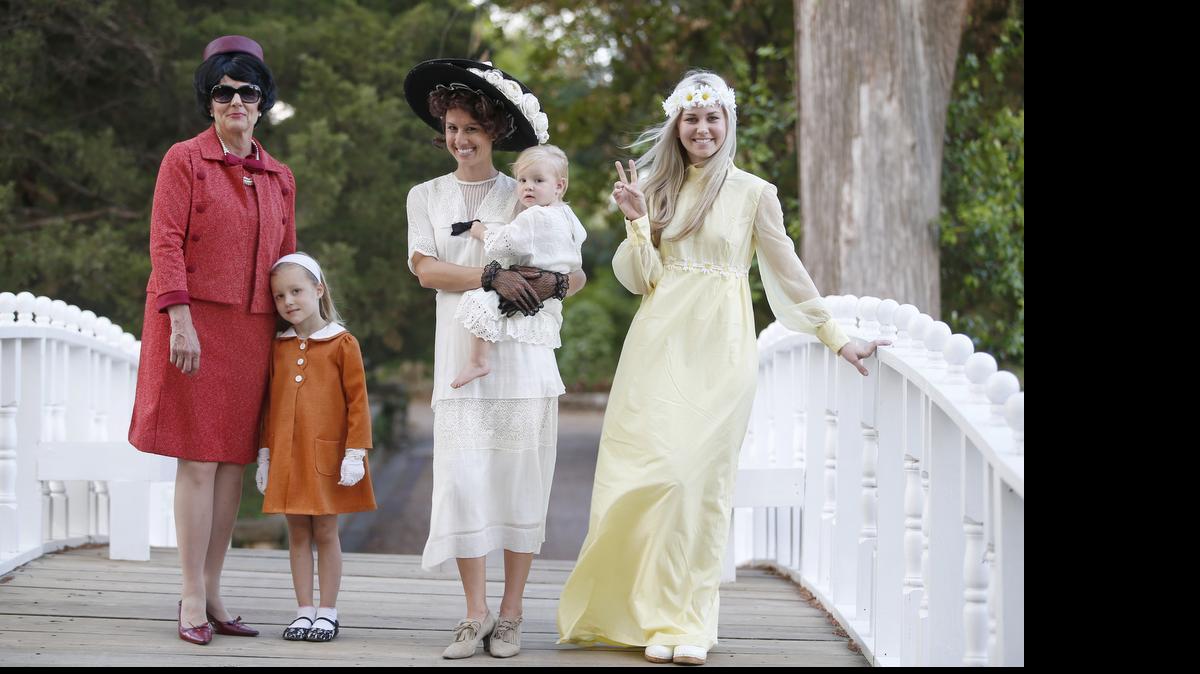 
From left, Pam Gerber will portray Jackie O in a fashion show at the Bartlett Arboretum on Mother’s Day called “Who We Were and What We Wore: A Century of Gardens, Music and Fashion.” With her is granddaughter Cora Belle Gerber portraying Caroline Kennedy. Pam Gerber’s daughter-in-law Annie Gerber and her daughter Magdalena, will portray models from the Edwardian era. Juliana Phillips will portray a hippie. 
