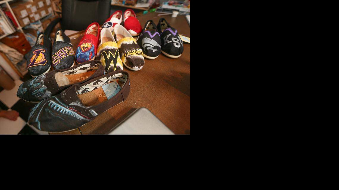 
Some of the shoes painted by Allison Stuckey which she sells online through Etsy. 
