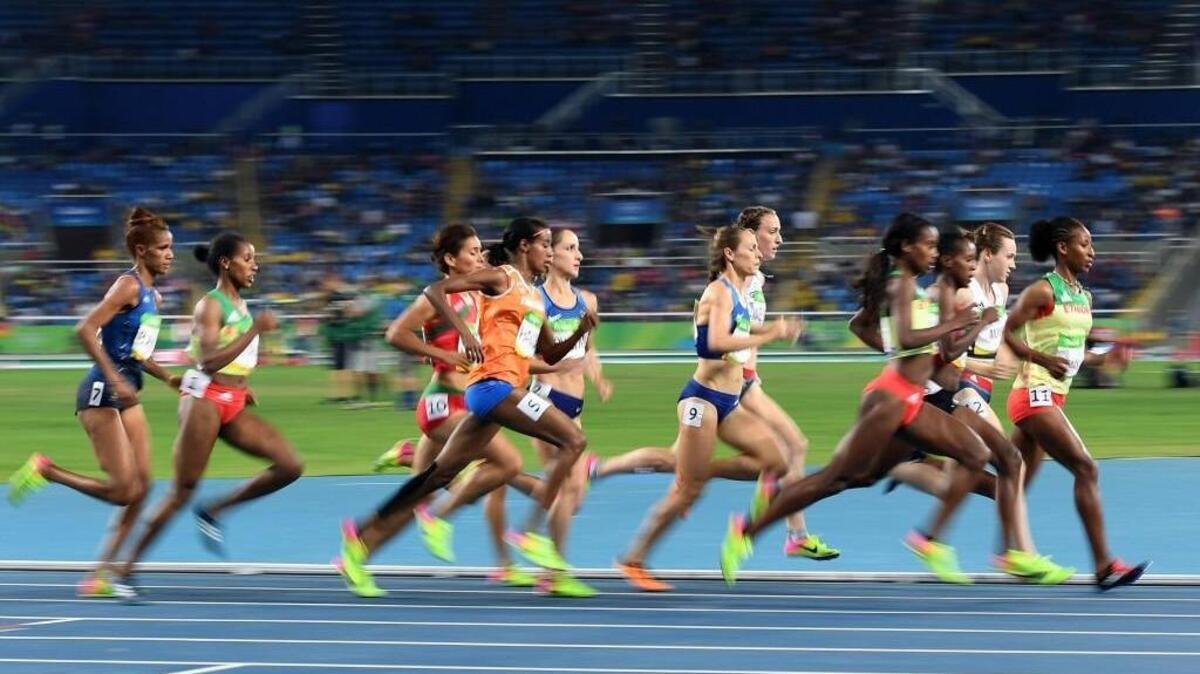 Competitors round the turn in the women’s 1500m during the 2016 Summer Olympics in Rio de Janeiro, Brazil.