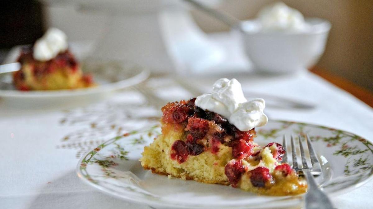 Wow your guests with Alice Water’s Cranberry Upside Down Cake, which is a total showstopper.
