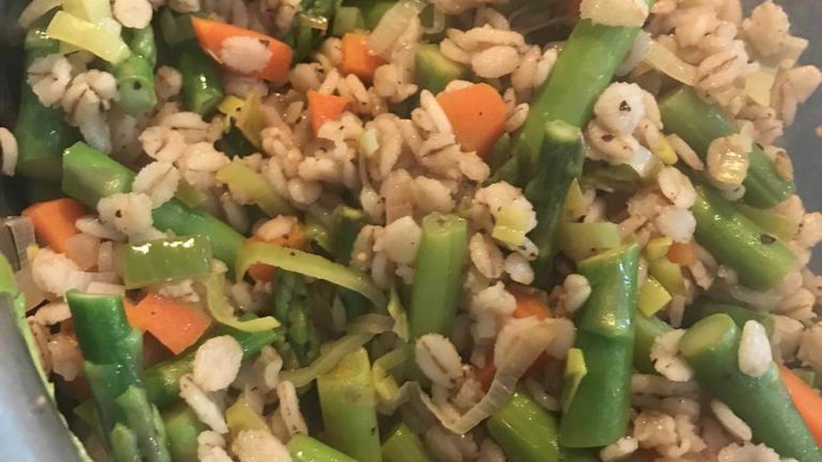 Barley, Leek and Asparagus Skillet showcases fresh veggies.