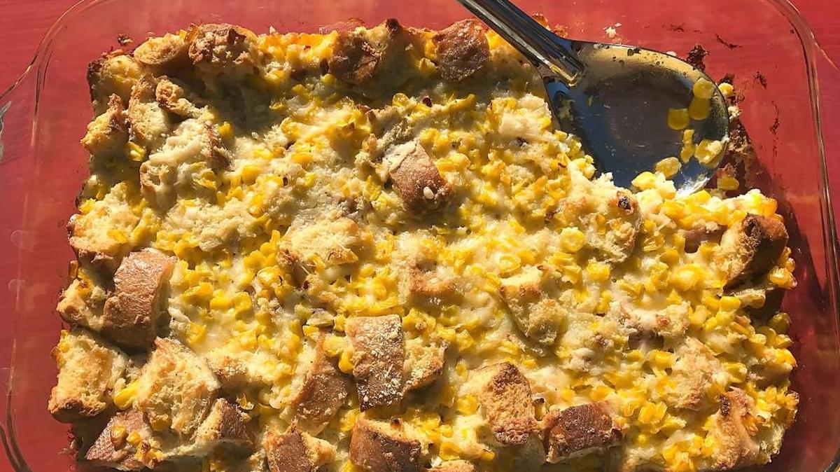 Corn-Asiago bread pudding has a rich, custard-like finish.
