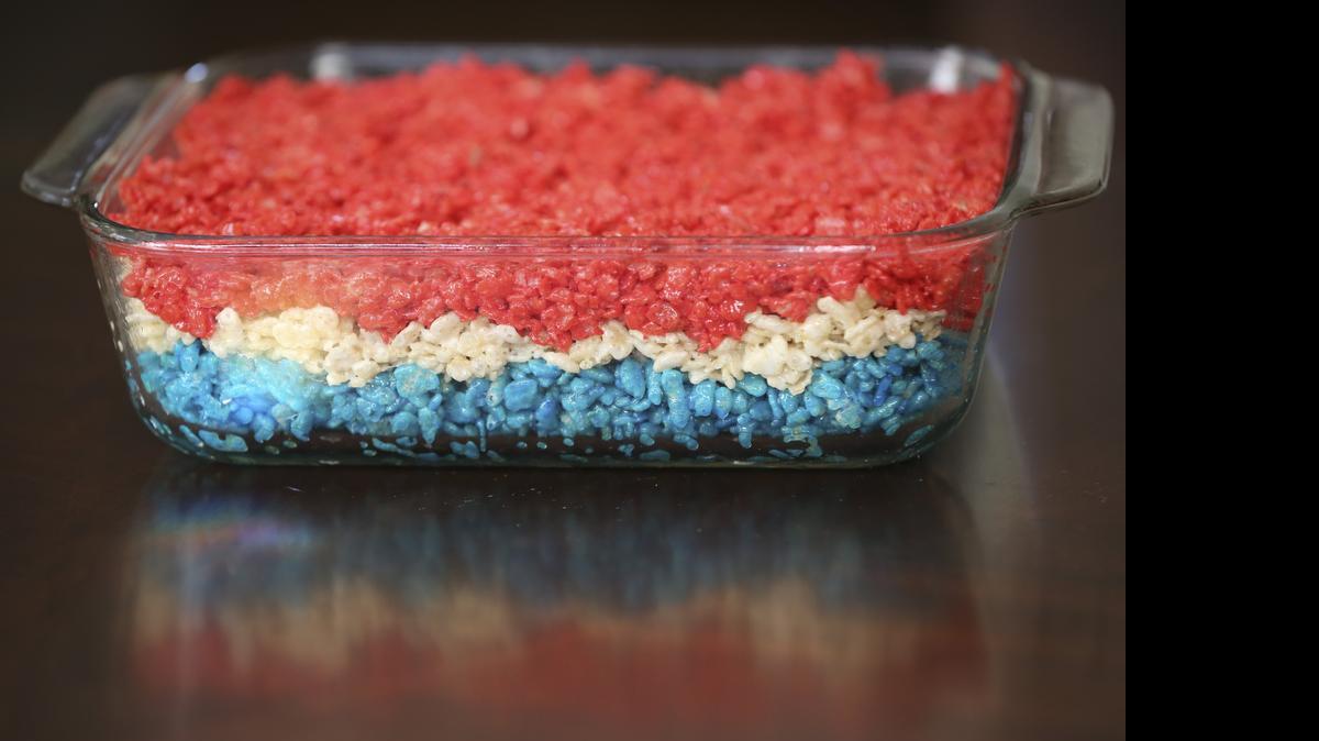 
Fourth of July Rice Krispies treats turn out brighter when gel food coloring is used.
