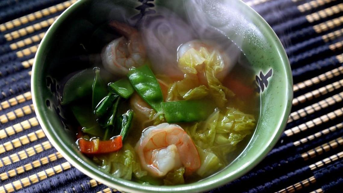 Wonton wrappers make fast noodles in Asian Noodle Soup with Shrimp.