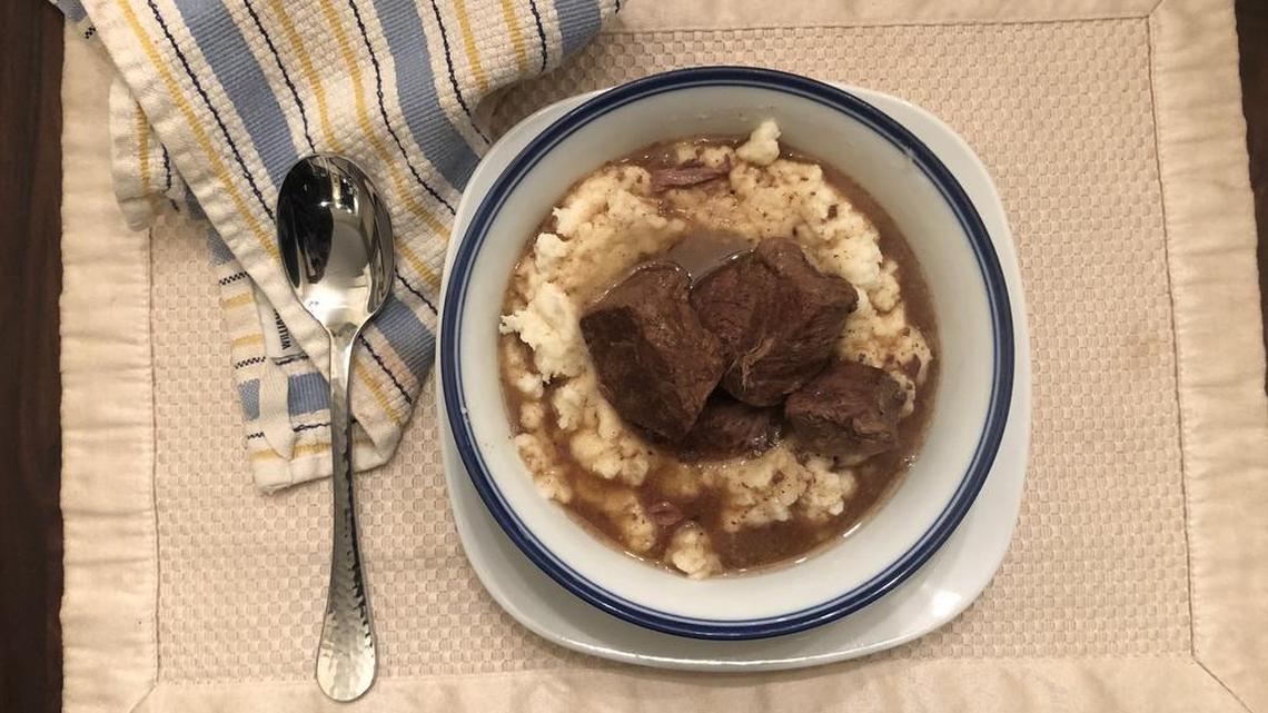 Beef Tips and Gravy over Cauliflower Mash is a healthy comfort food.