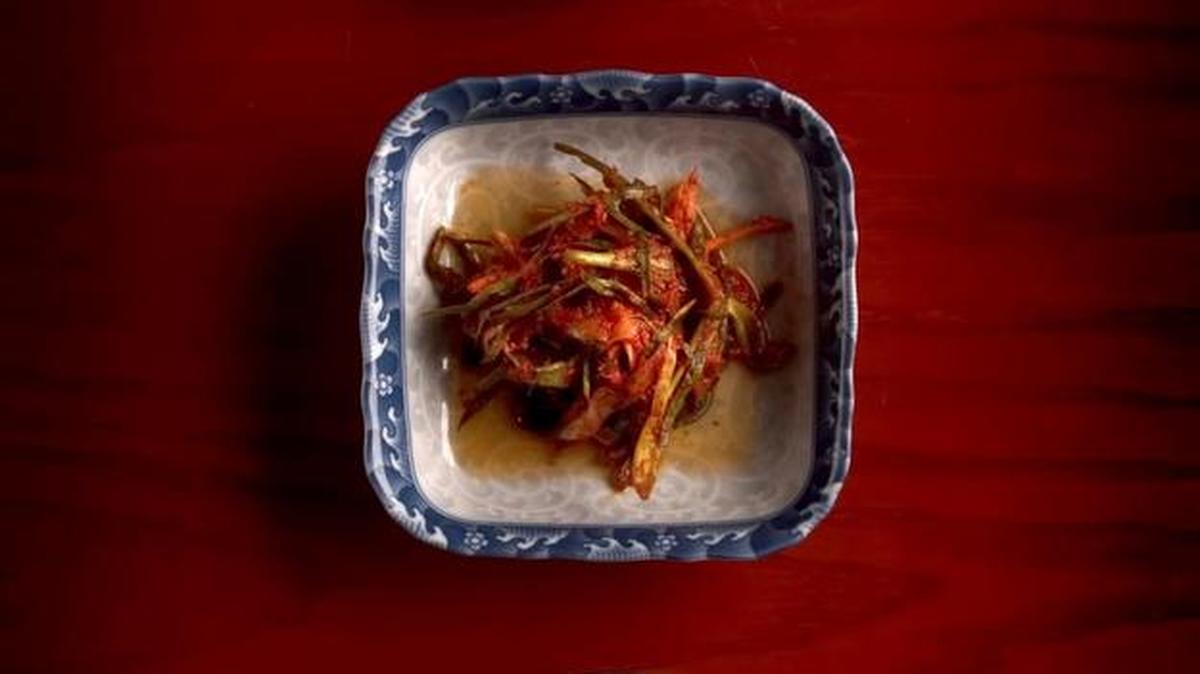 From top, sliced horseradish kimchi, chive kimchi and cubed horseradish kimchi prepared at Jin Mi.
