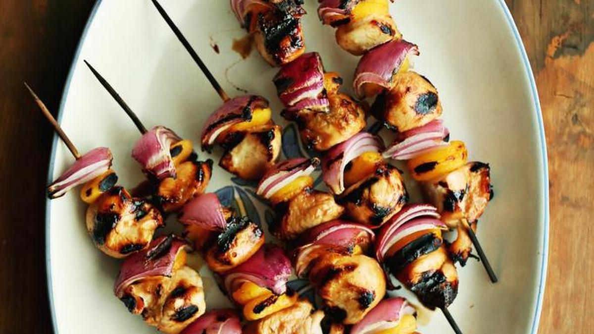 Spiced chicken and apricot skewers offer a change of pace for weeknight cooks.