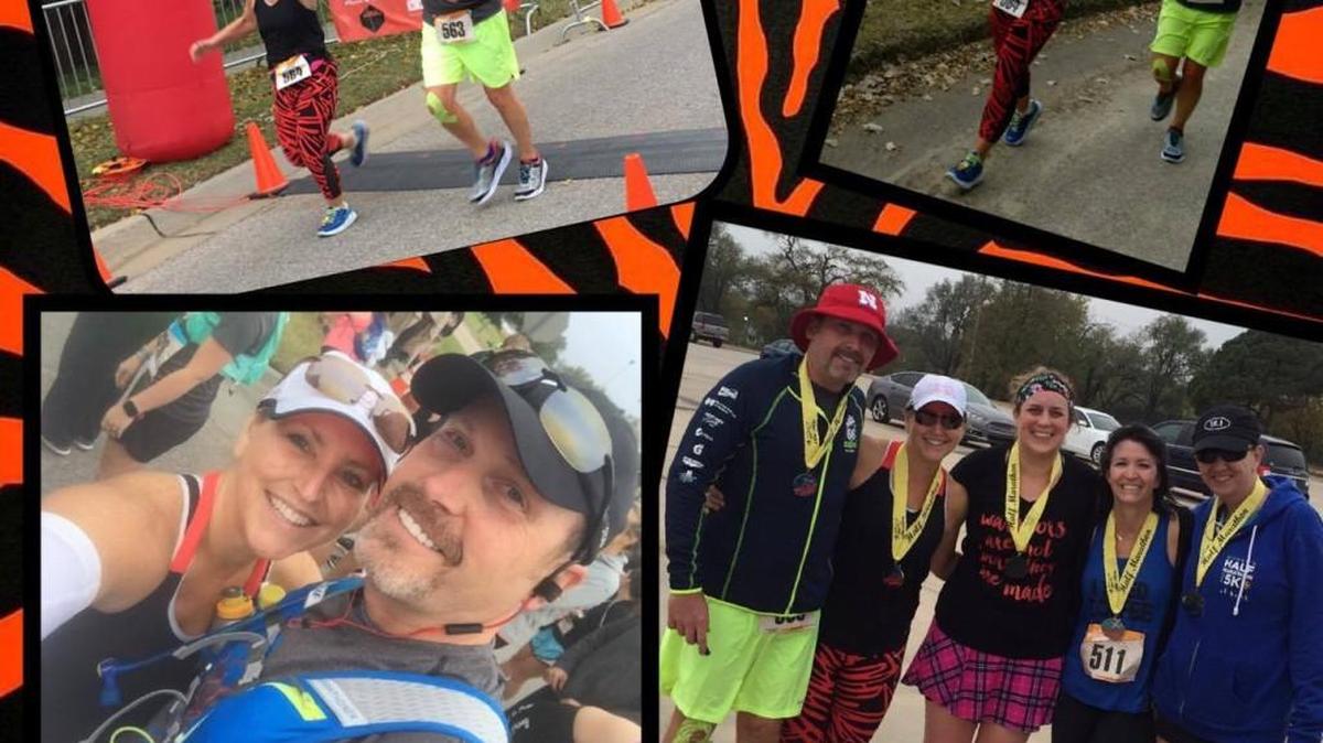 Bottom right photo, from left, Brett and Deena Kreutzer, Kathryn Welch, Mandy Berkley and Melanie Morriss at the Air Capital Half Marathon in Wichita. This was taken on the 535th day of Deena Flanigan Kreutzer and Kathryn Welch’s running streak using an app to track their running progress for the day.
