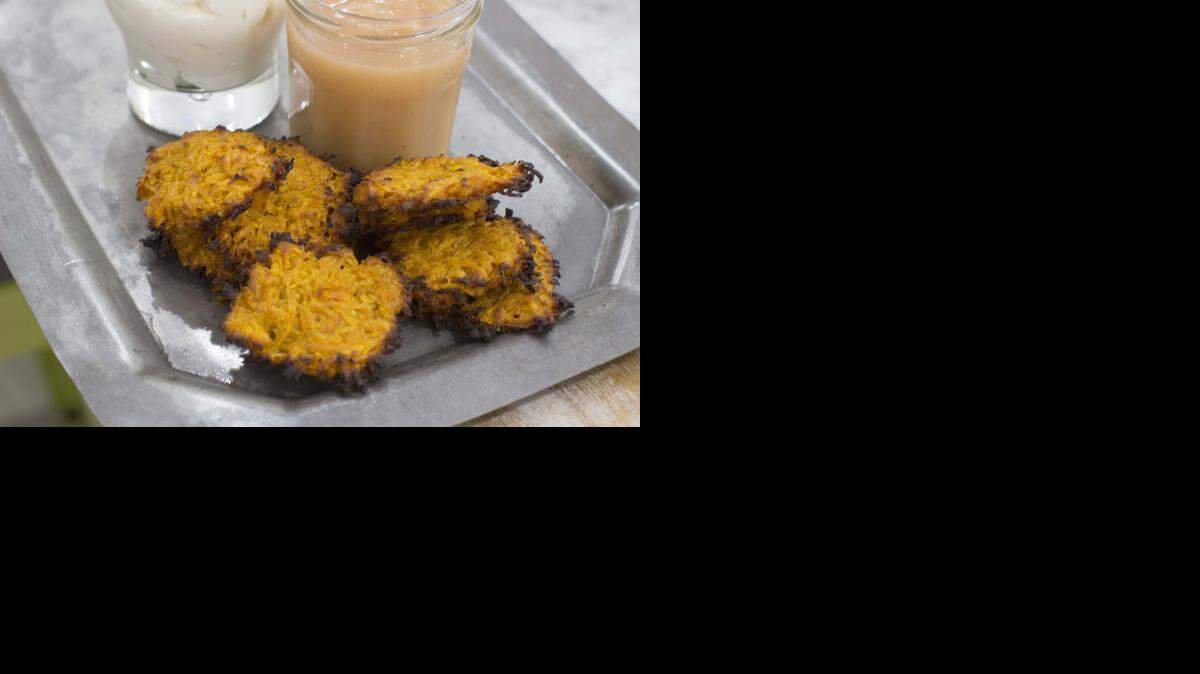 
Sweet potato latkes are delicious and crispy and perfect accompanied by unsweetened applesauce and plain Greek yogurt or sour cream. 
