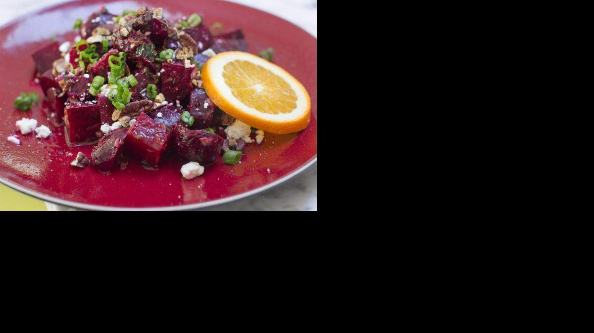 
Roasted beets with orange vinaigrette, pecans and goat cheese 
