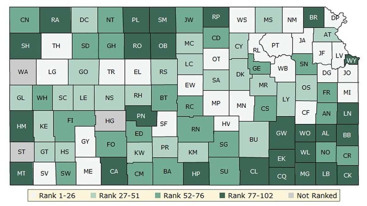 A map shows the 2017 health outcomes of Kansas counties, with light to dark representing healthy to unhealthy counties.