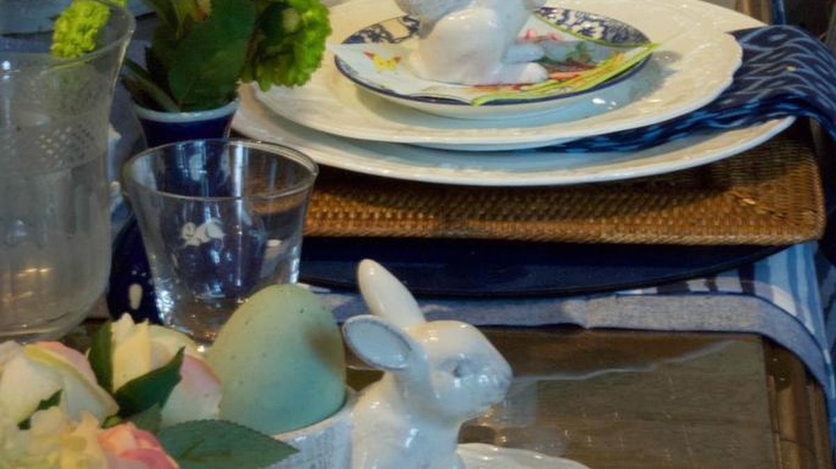 One way to make your spring table pop is adding flowers as an accent. To get your guests in the holiday spirit, add some Easter decorations, such as a bunny or faux eggs.