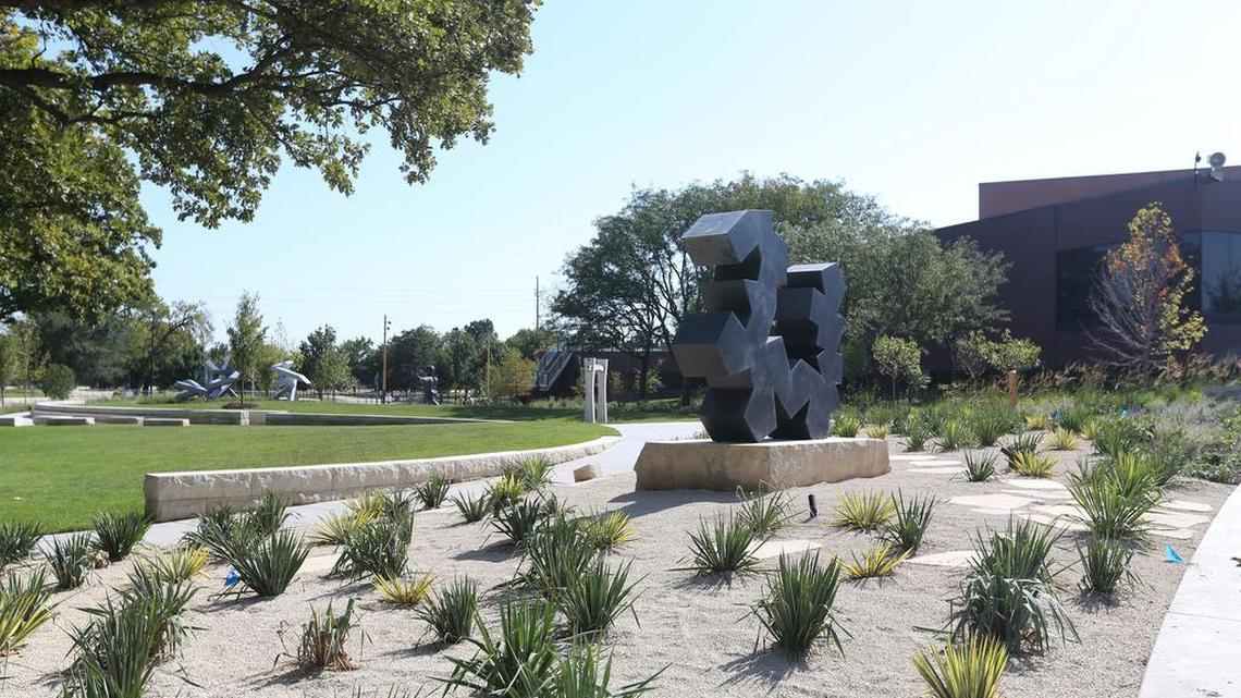 
Douglas Abdell’s “Kaephae-Aekyad #2” rises up out of the Tom and Myra Devlin Desert Garden in the Art Garden at the Wichita Art Museum.

