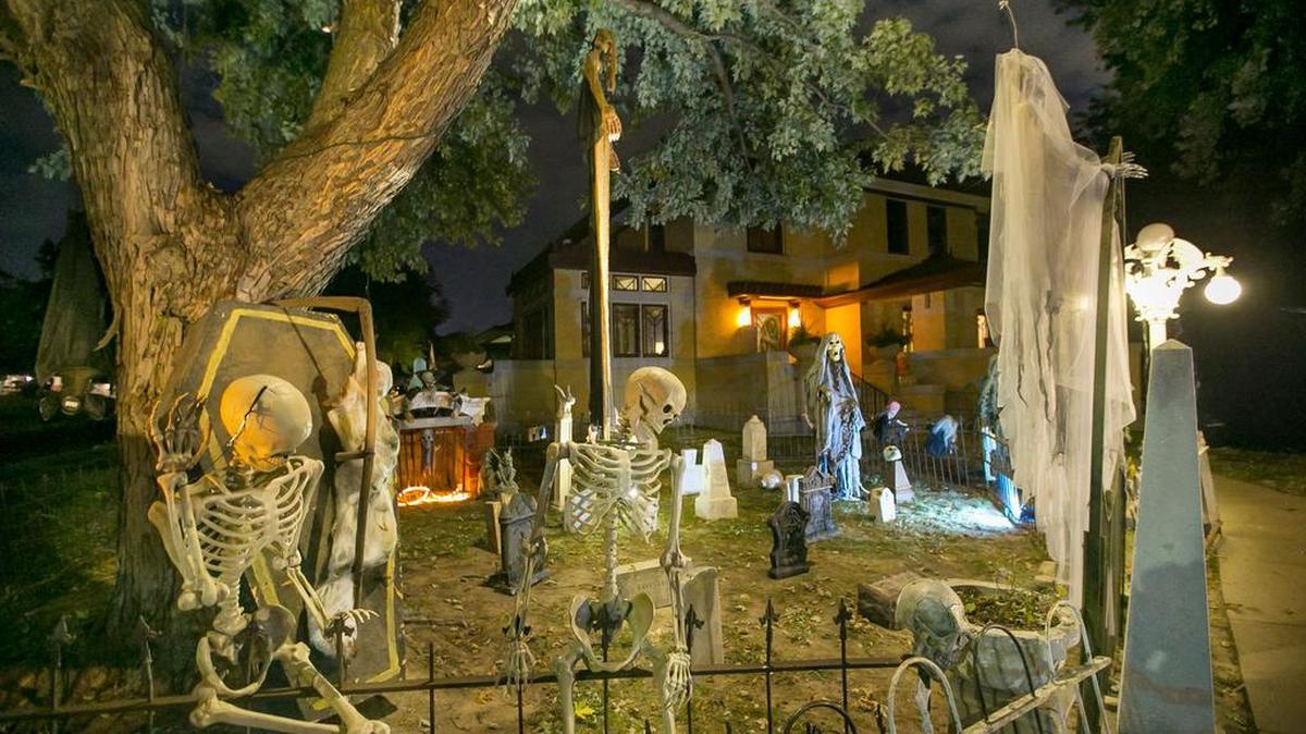 Skeletons and ghosts congregate at Second and Bluff.