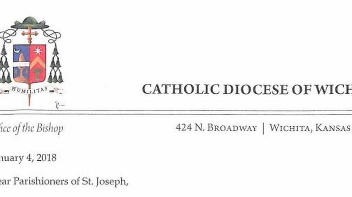 A screenshot shows the heading of a letter sent by the Catholic Diocese of Wichita to parishioners at St. Joseph Catholic Church announcing the Rev. Andrew Seiler would not return as pastor.