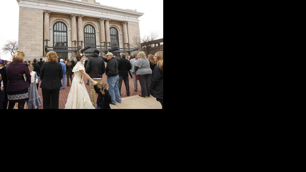 
People gather outside Union Station for a groundbreaking ceremony Thursday. (Dec. 11, 2014)
