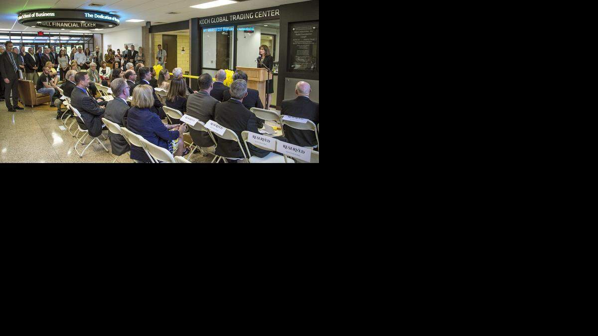 
WSU Foundation President Elizabeth King speaks during the opening of the Koch Global Trading Center. (Sept. 19, 2014)
