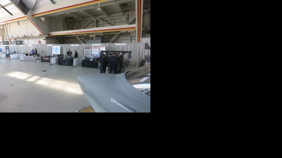 
Systems and munitions suppliers for Textron AirLand’s Scorpion exhibit products along with the Scorpion military jet inside a private hangar at Ron Reagan National Airport this week. It’s the plane’s first trip to the nation’s Capitol.
