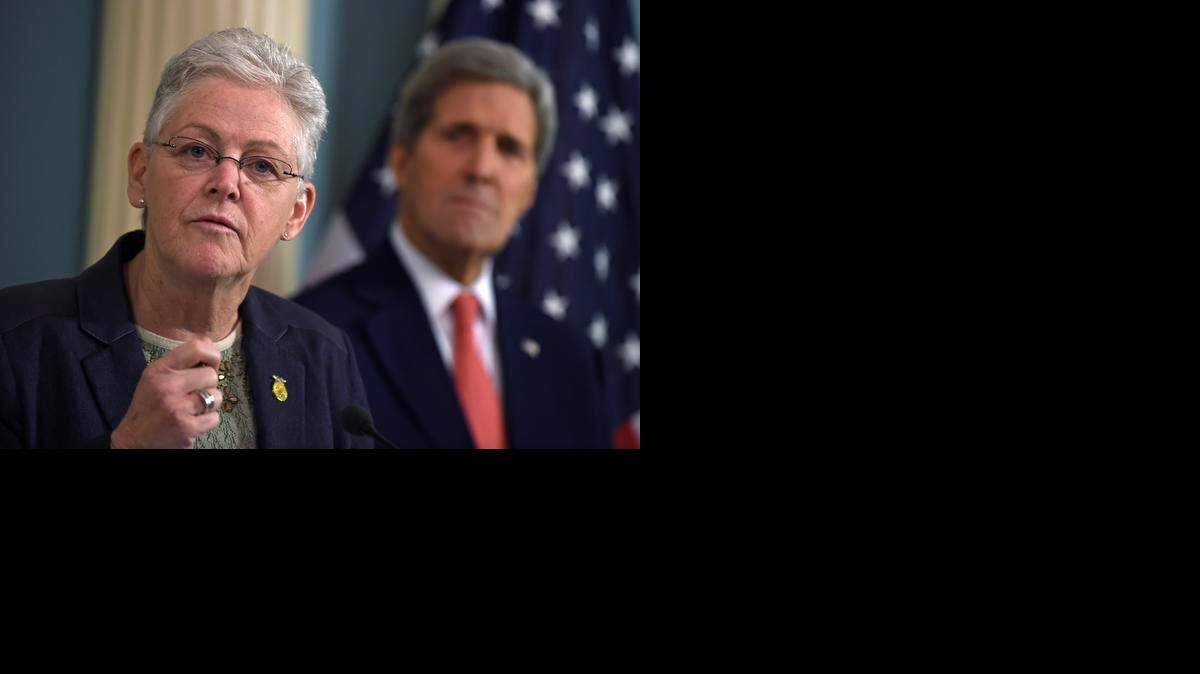 
Environmental Protection Agency Administrator Gina McCarthy speaks at a State Department event in Washington, D.C., in February, as Secretary of State John Kerry listens. McCarthy will be in Wichita Monday to address the National Farmers Union.

