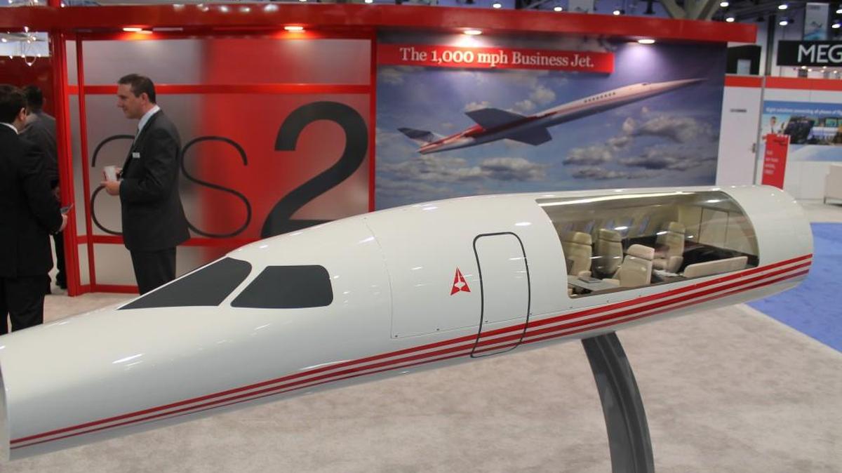 A model of the Aerion AS2 supersonic business jet and its interior was displayed at the company’s booth at the 2015 National Business Aviation Association’s Convention in Las Vegas. Aerion is one of three companies developing the next generation of supersonic jets.