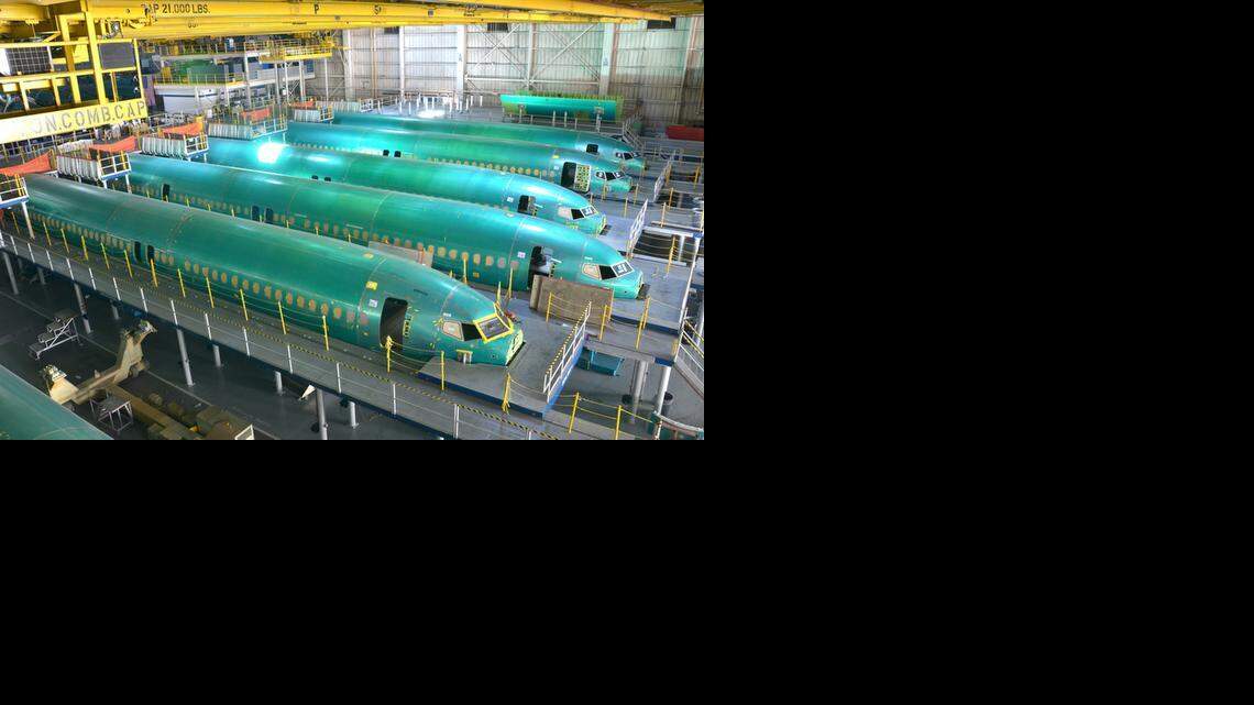 
A line of nearly finished 737 fuselages in plant 2 at Spirit AeroSystems is shown in a photo from 2012.
