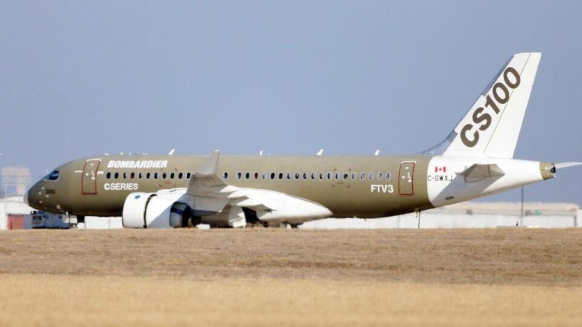 A Bombardier C Series CS100 flight test airplane sits on the ramp near Bombardier Learjet in Wichita in February.