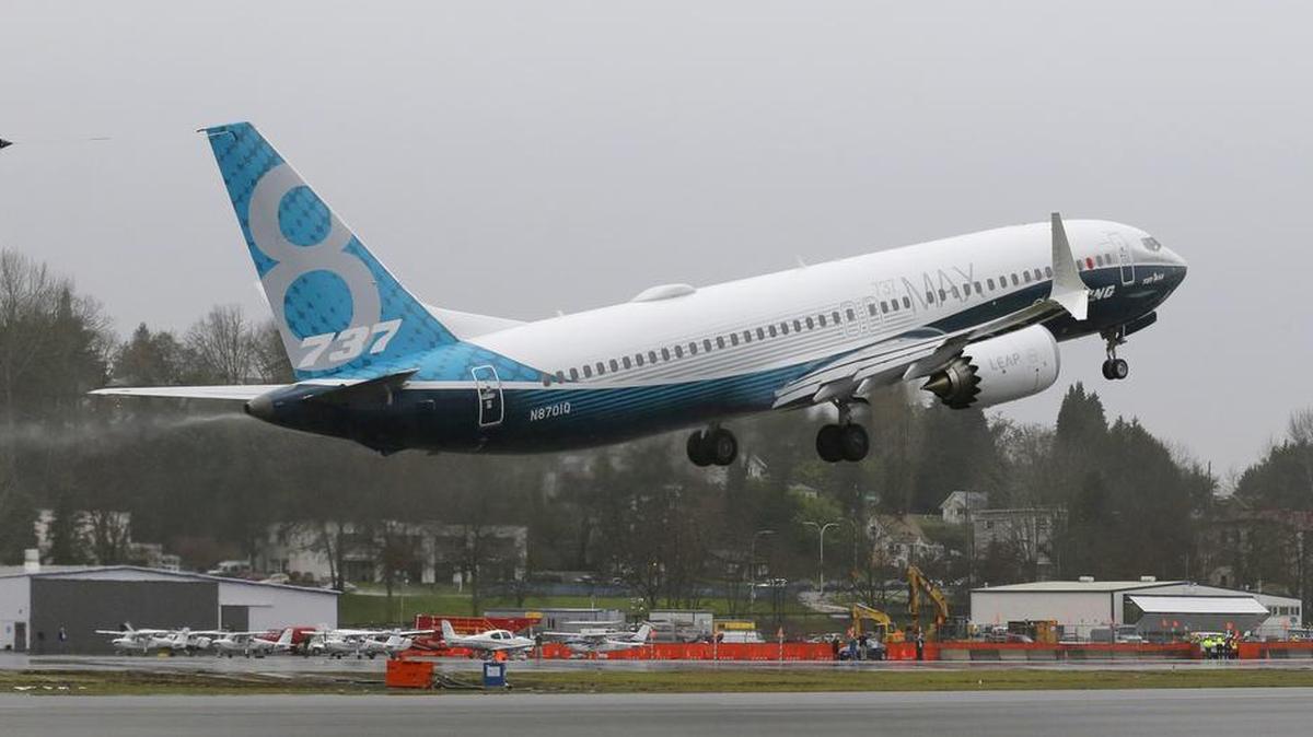 A Boeing 737 MAX airplane takes off on its first test flight, Friday, Jan. 29, 2016, in Renton, Wash.