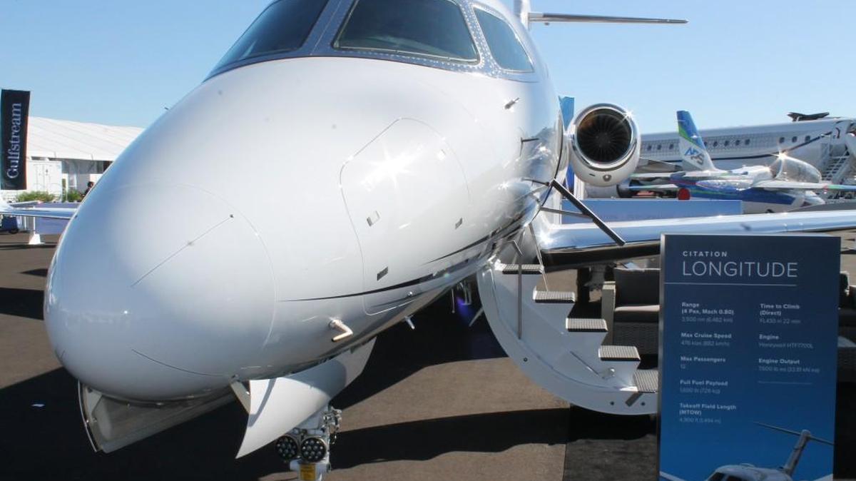 Textron CEO Scott Donnelly said Thursday the new Cessna Citation Longitude, seen here at the 2017 National Business Aviation Association Convention static display near Las Vegas, probably won’t enter service until early 2018. The jet’s entry into service had earlier been expected by the end of 2017.