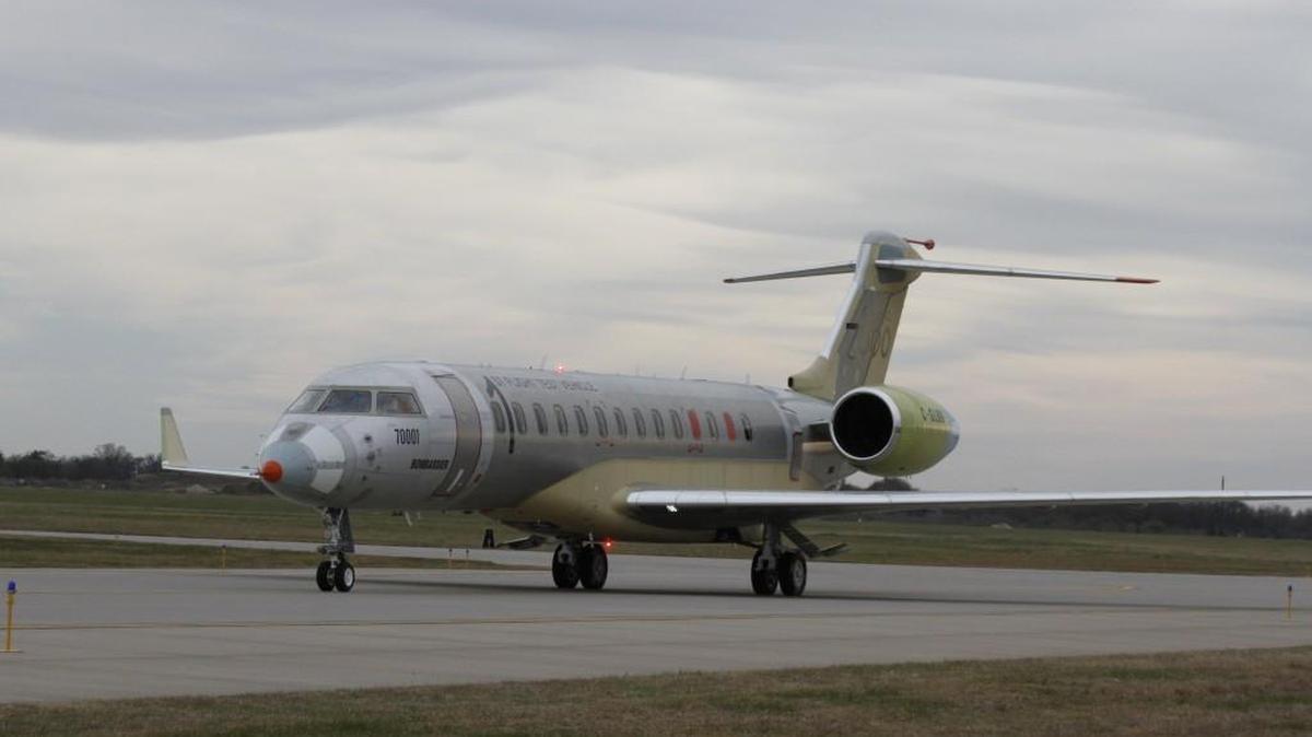 Bombardier Business Aircraft's first Global 7000, shown here, arrived in Wichita last November to undergo flight testing.